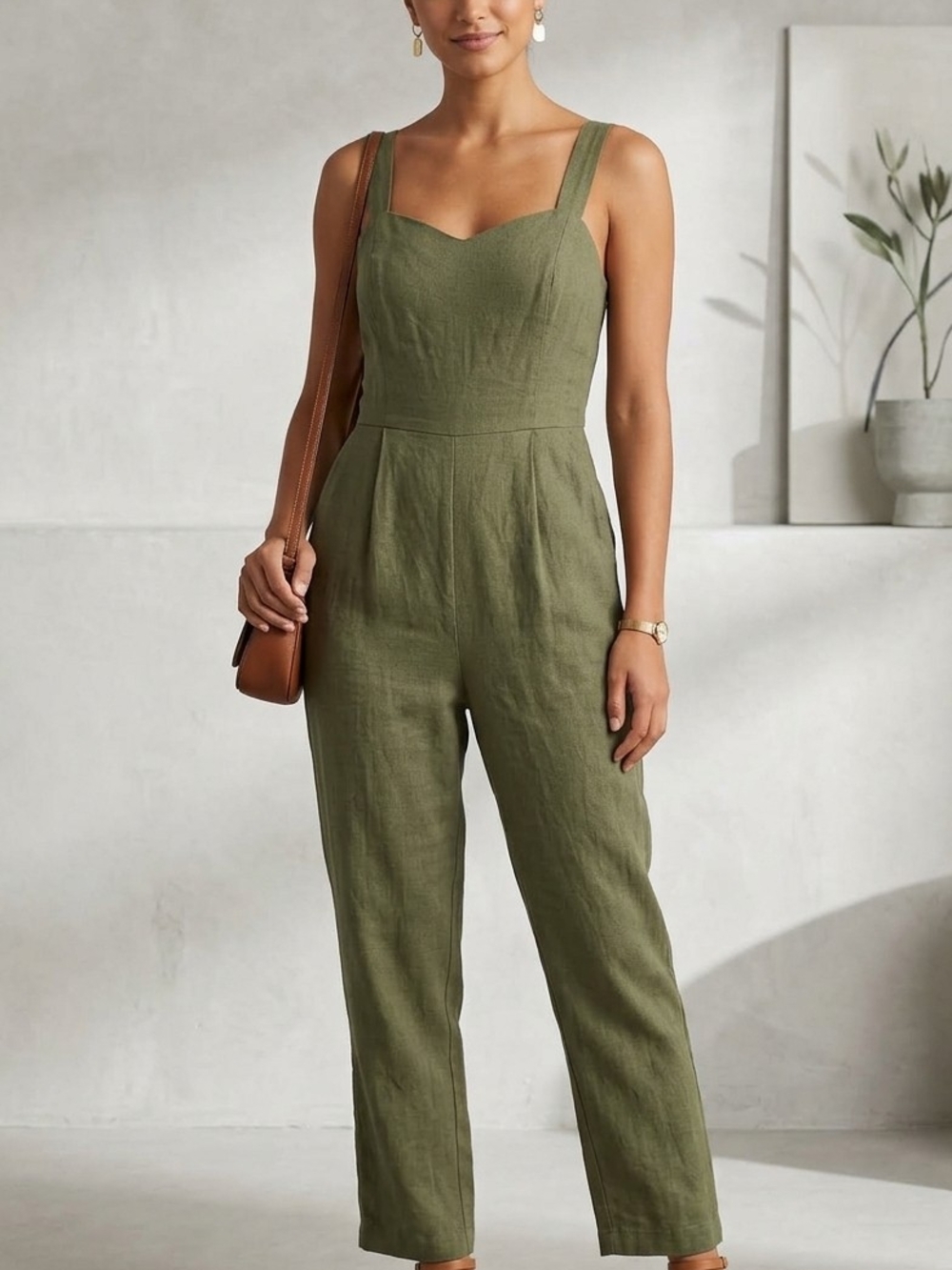 Old Navy Olive Green Sleeveless Linen-Blend Jumpsuit
